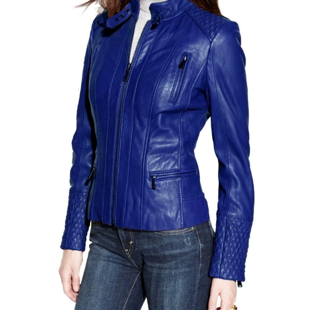 Creation Leathercraft Sheepskin Leather Motorcycle Slim fit Blue Biker Jacket XL